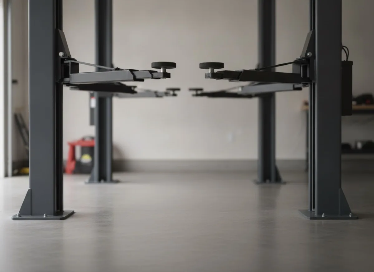 Two-post car lift installed in a home garage